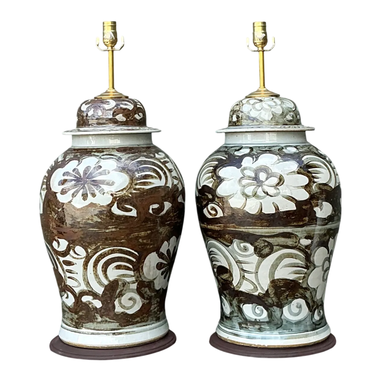 Vintage Monumental Hand-Painted Ceramic Ginger Jar Lamps - Pair