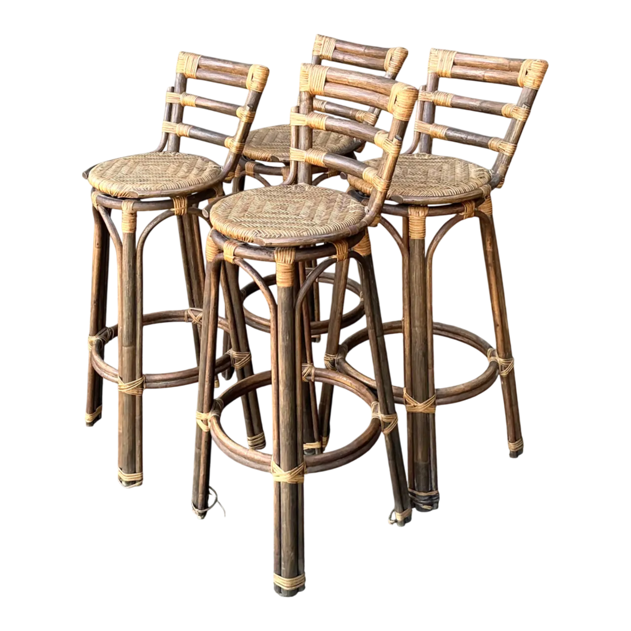 Vintage Woven Rattan High Stools - Set of Four