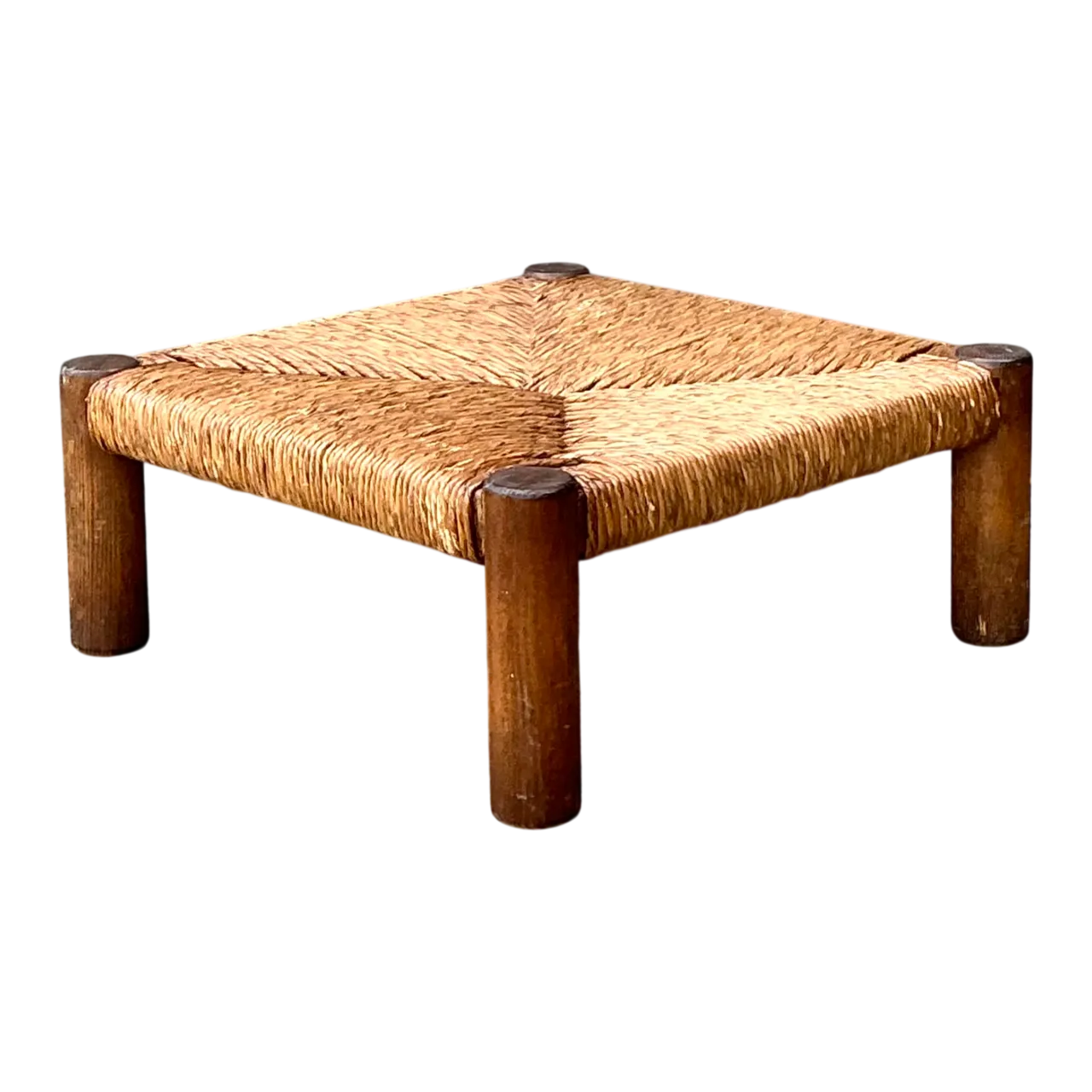 Vintage Monumental Wood and Rush Ottoman