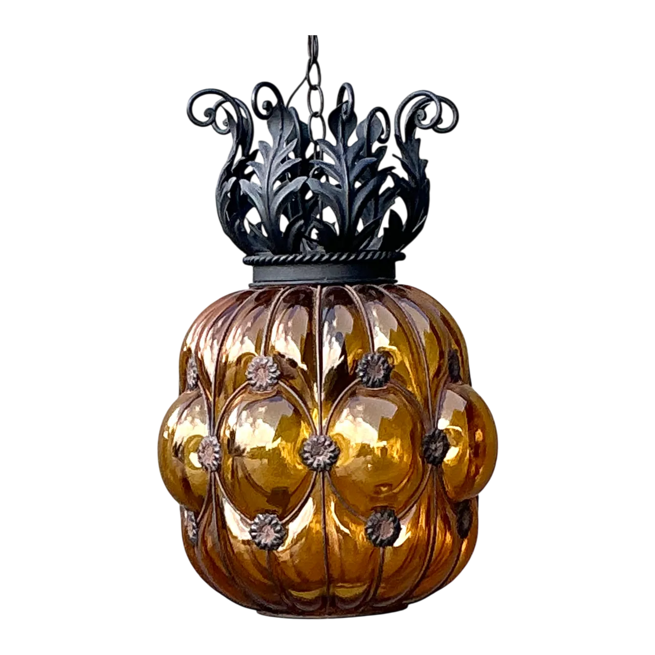 Mid-Century Amber Glass Hanging Lantern
