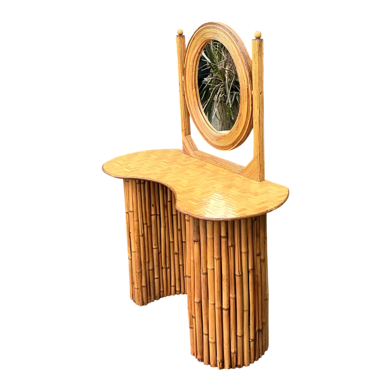 Vintage Pencil Reed And Bamboo Vanity With Mirrored Glass