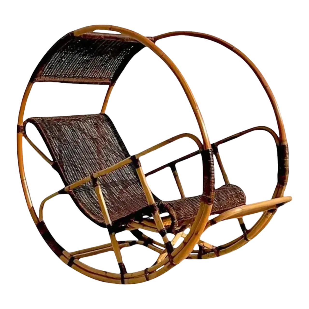 Late 20th Century Vintage Coastal Italian Wrapped Rattan After Franco Bettonica “Donaoldo”:Rocking Chair