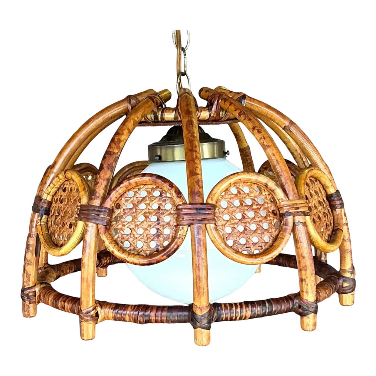 Mid 20th Century Boho Bent Bamboo and Cane Chandelier
