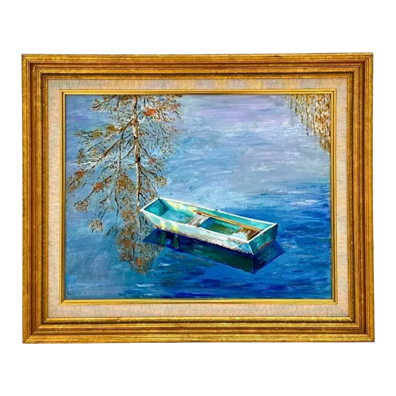 Mid 20th Century Vintage Coastal Original Oil Painting of Rowboat, Framed