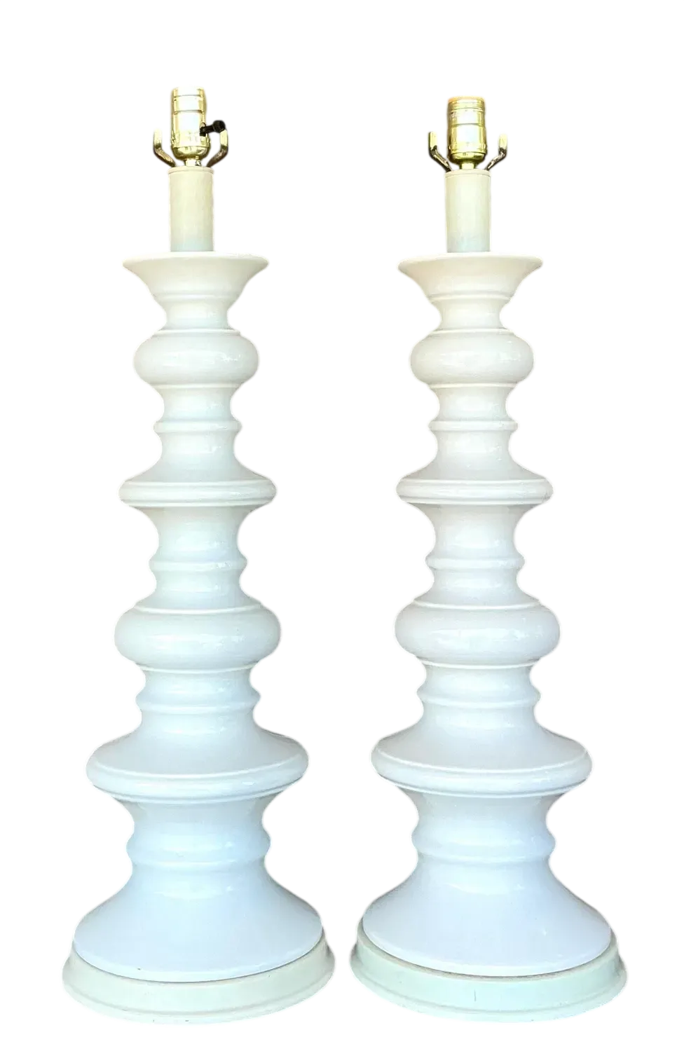 Vintage Boho Glazed Ceramic Spool Lamps - a Pair