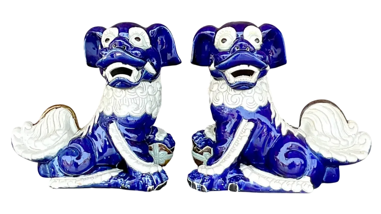 Vintage Regency Glazed Ceramic Foo Dogs - a Pair