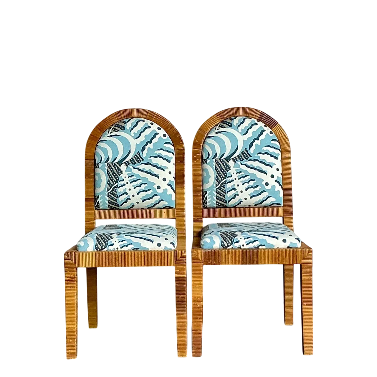 Vintage Boho Bielecky Brothers Wrapped Rattan Dining Chairs in Alan Campbell “Ferns” - A Pair
