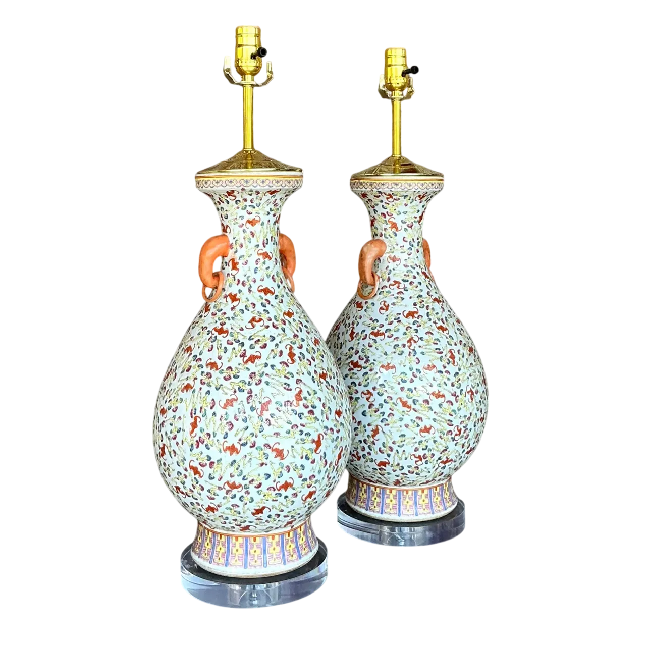 Vintage Regency Chinoiserie Floating Floral Ceramic Lamps - A Pair