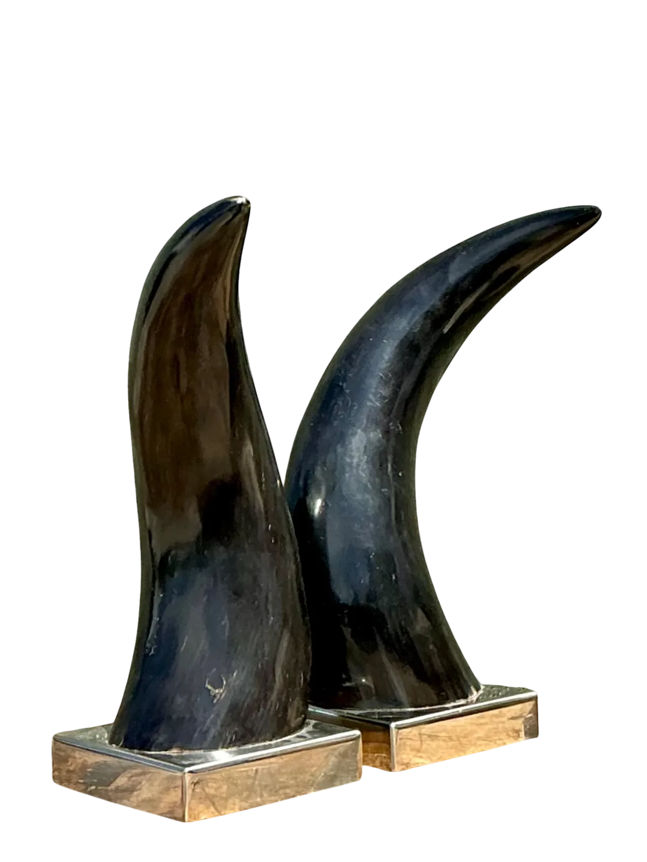 Vintage Natural Horns On Chrome Plinths - A Pair