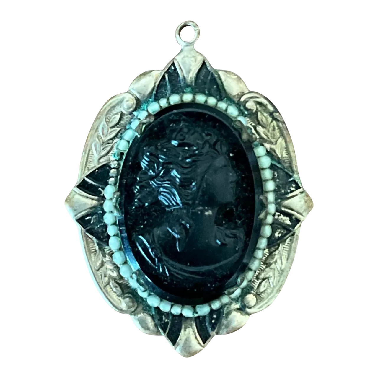 Vintage Art Deco Black Cameo Locket Pendant