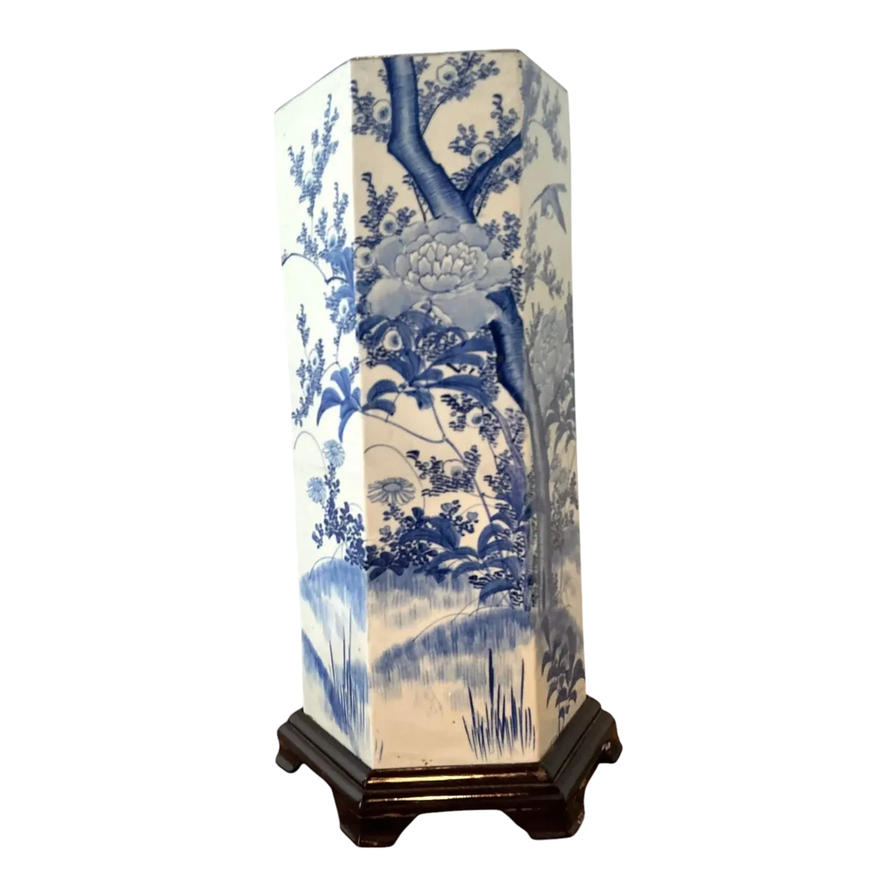 Vintage Asian Blossom Blue and White Umbrella Stand