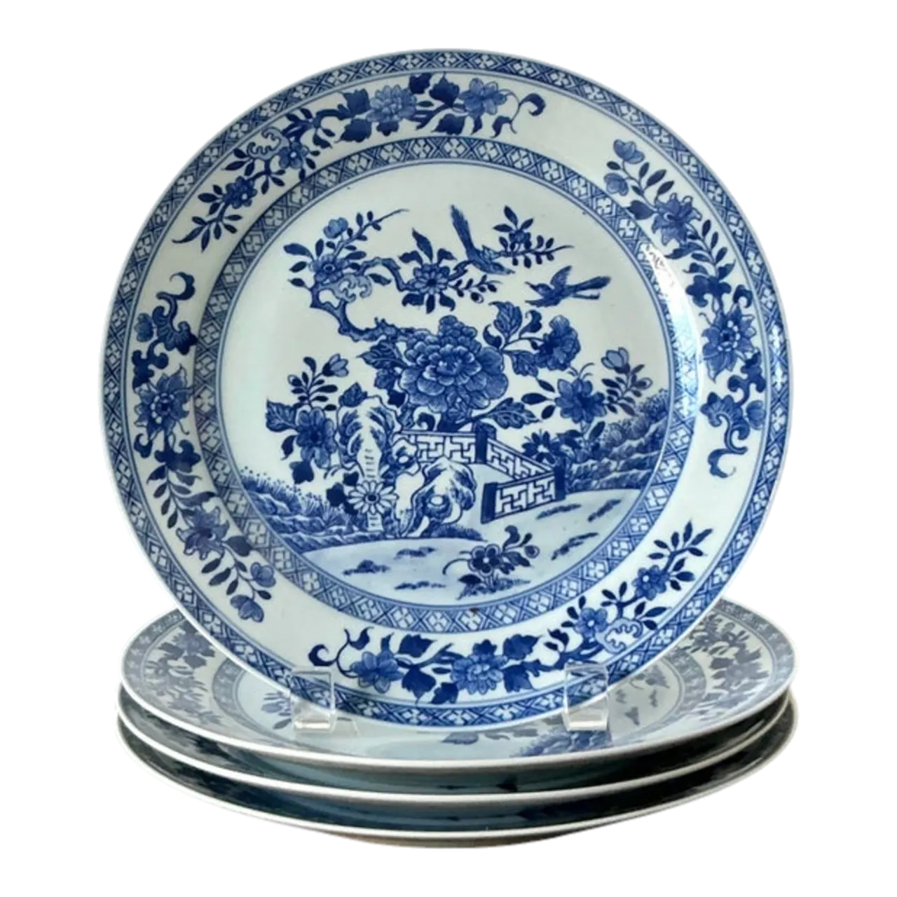 Vintage Asian Blue Flow Glazed Ceramic Plates - Set of 4