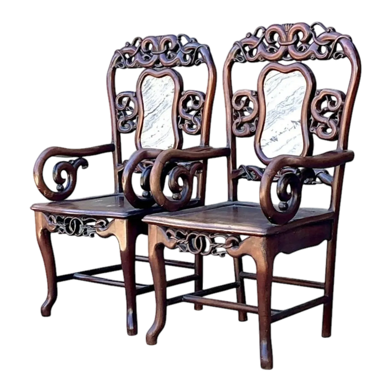 Vintage Asian Carved Hardwood Chairs - A Pair