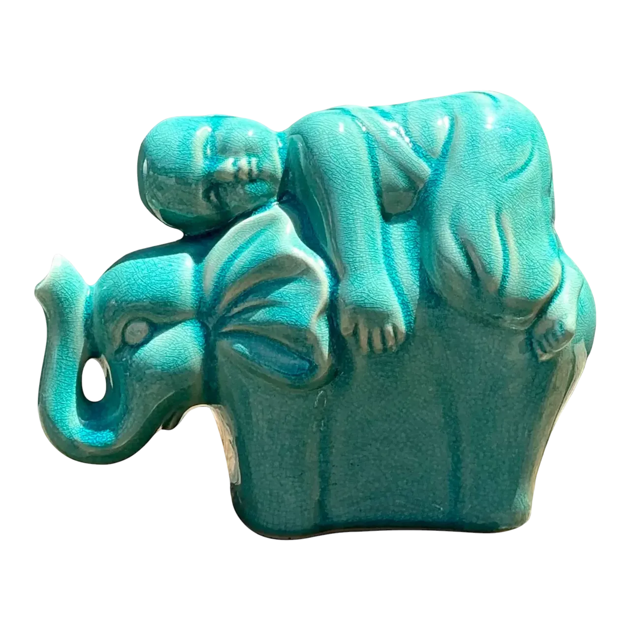 Vintage Asian Glazed Ceramic Elephant and Boy