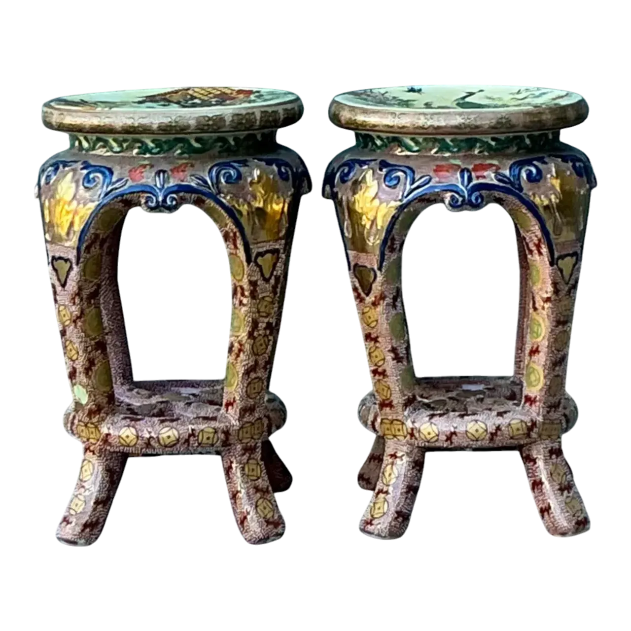 Vintage Asian Glazed Ceramic Low Stools - A Pair