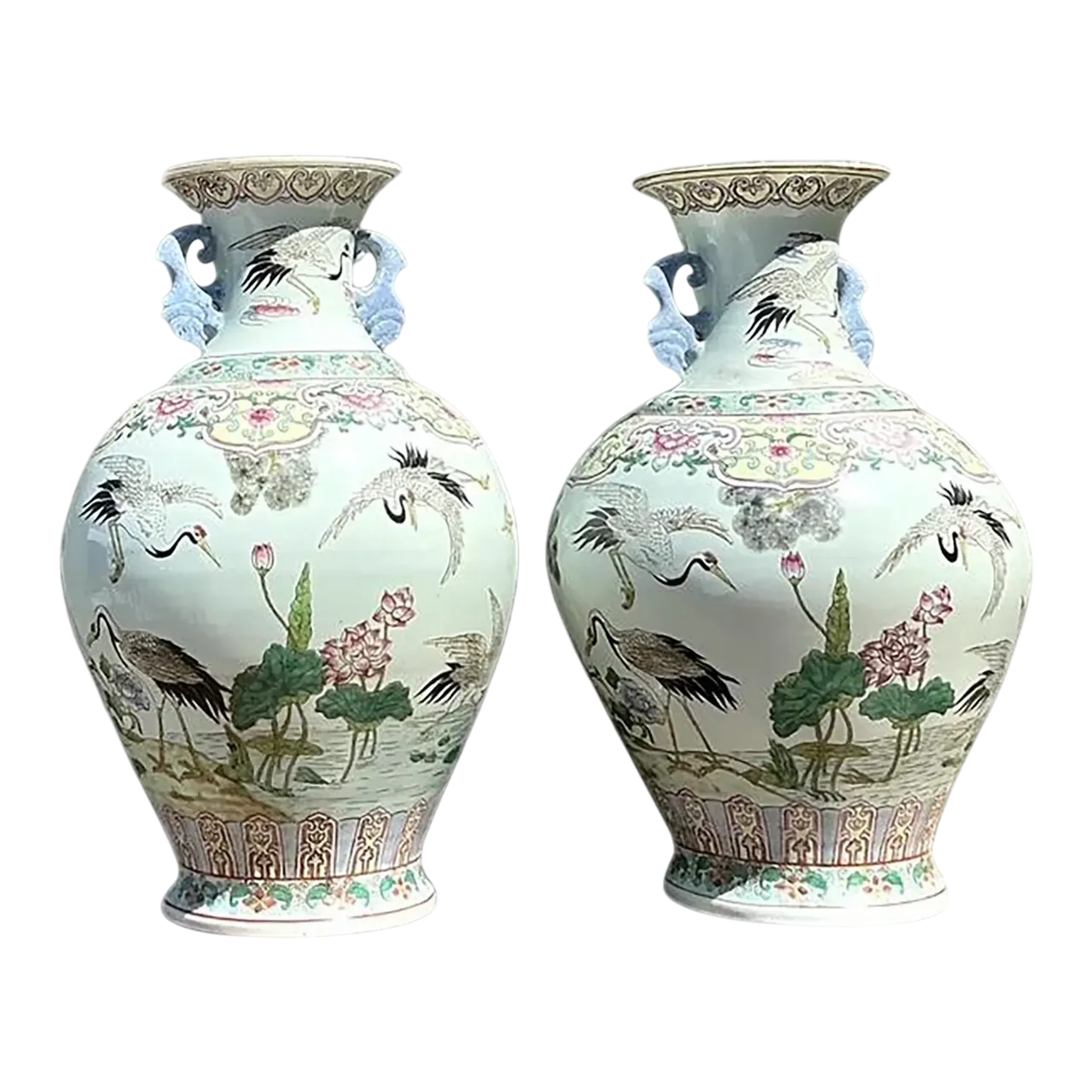 Vintage Asian Hand Painted Crane Urns - A Pair