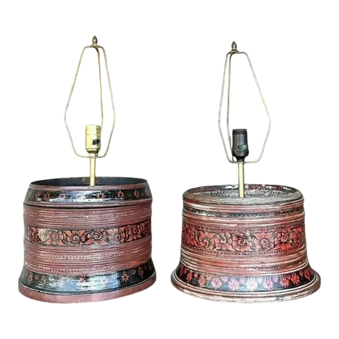 Vintage Asian Hand Painted Drum Lamps - Set of 2
