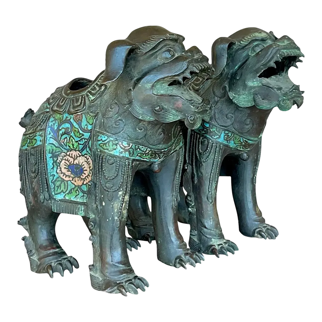Vintage Asian Patinated Foo Dogs - a Pair