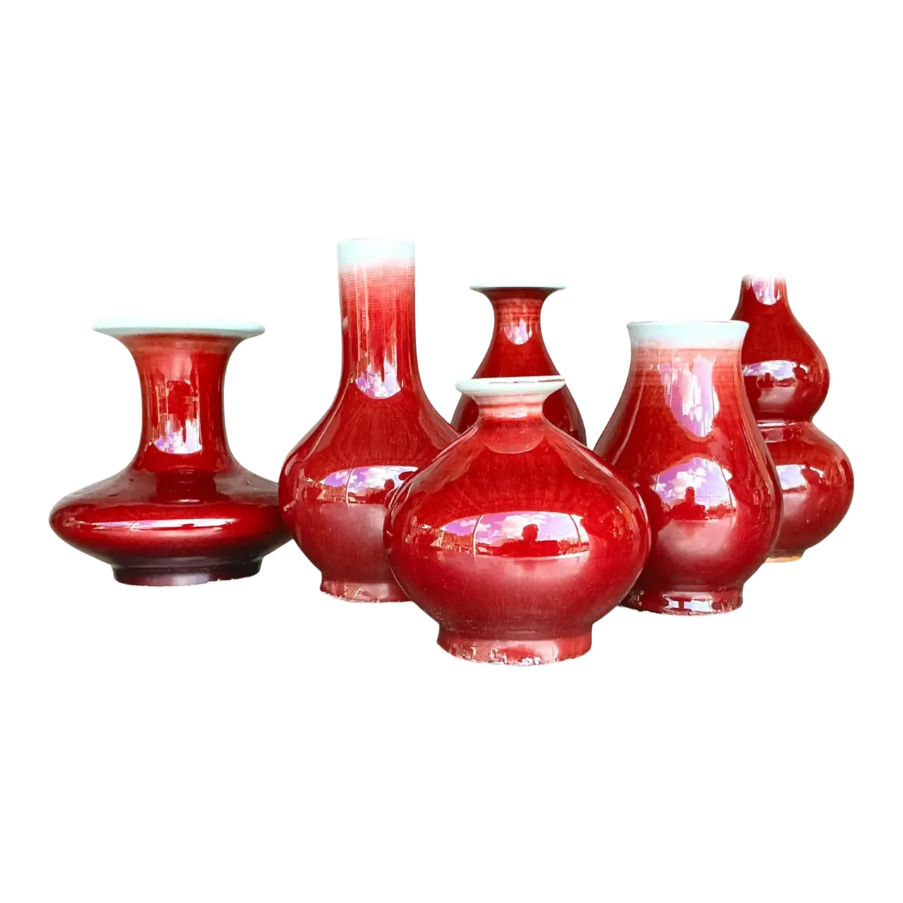 Vintage Asian Sang De Beauf Glazed Ceramic Vases - Collection of 6