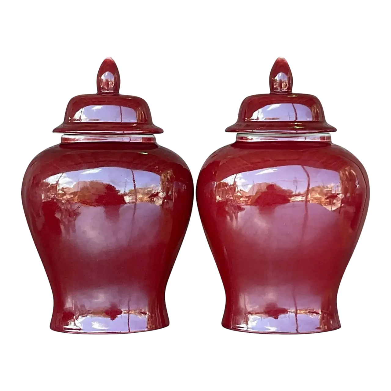 Vintage Asian “Sang De Boeuf” Glazed Ceramic Ginger Jar Urns - a Pair
