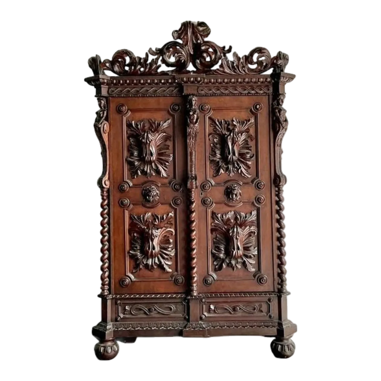 Vintage Boho Black Forest Carved Oak Armoire