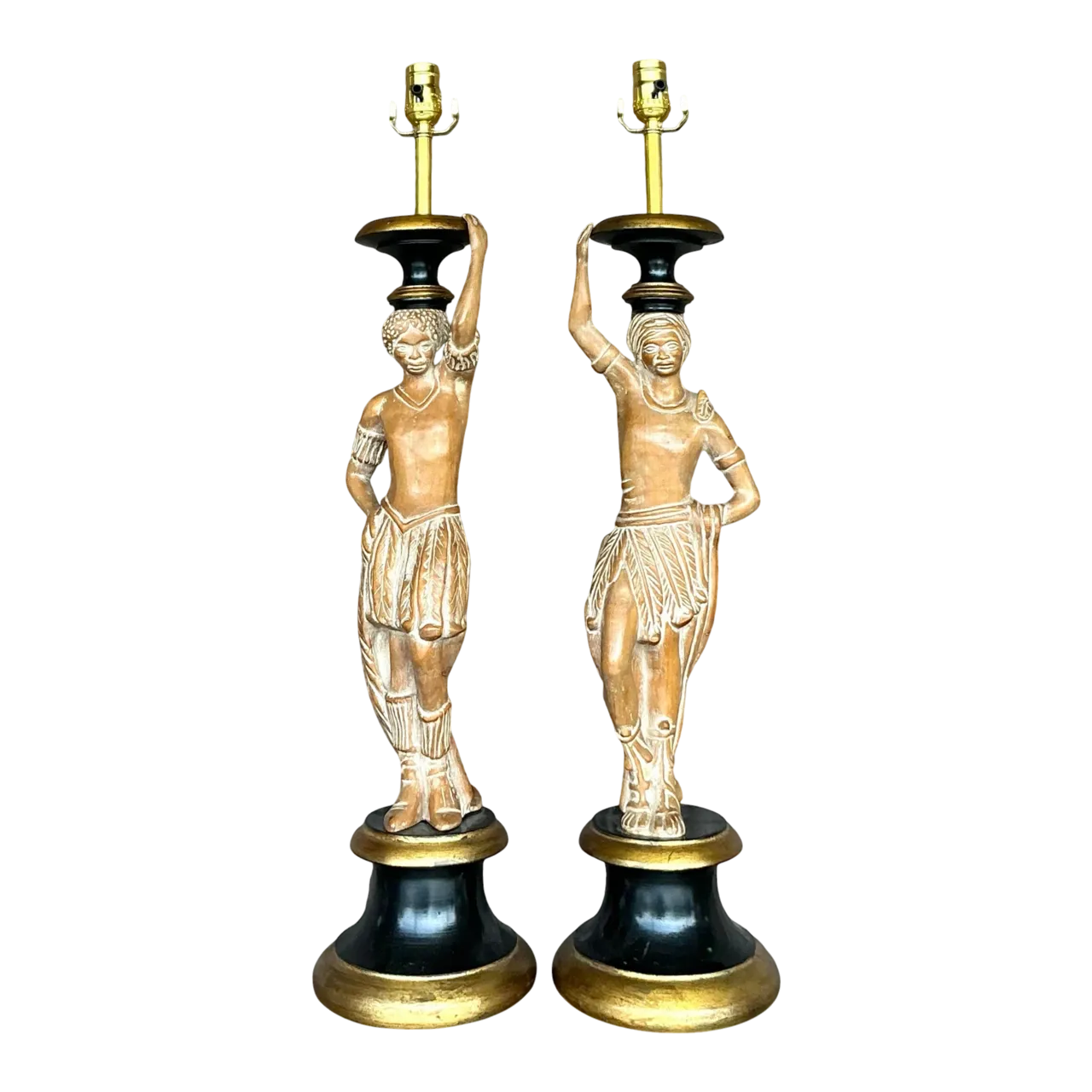 Vintage Boho Carved Figural Lamps - a Pair
