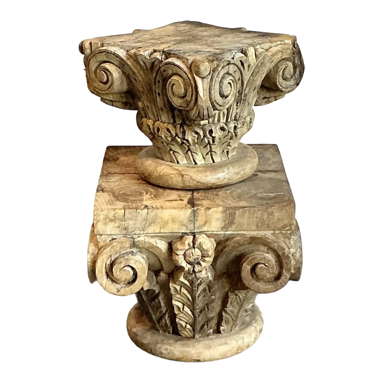 Vintage Boho Carved Wood Column Drink Tables - Set of 2