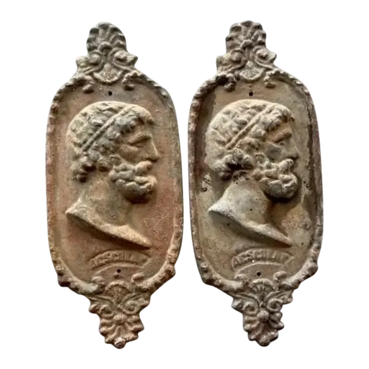 Vintage Boho Cast Iron Profile Plaque of Asclepius - A Pair