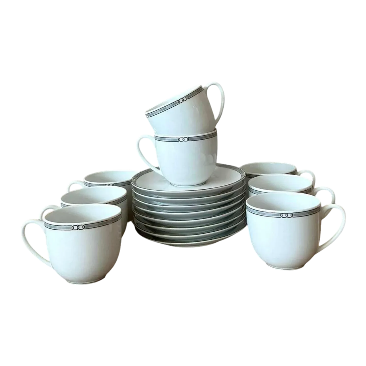 Vintage Boho Christofle "Alliance Grey" Tea Cups With Saucers - Set of 8