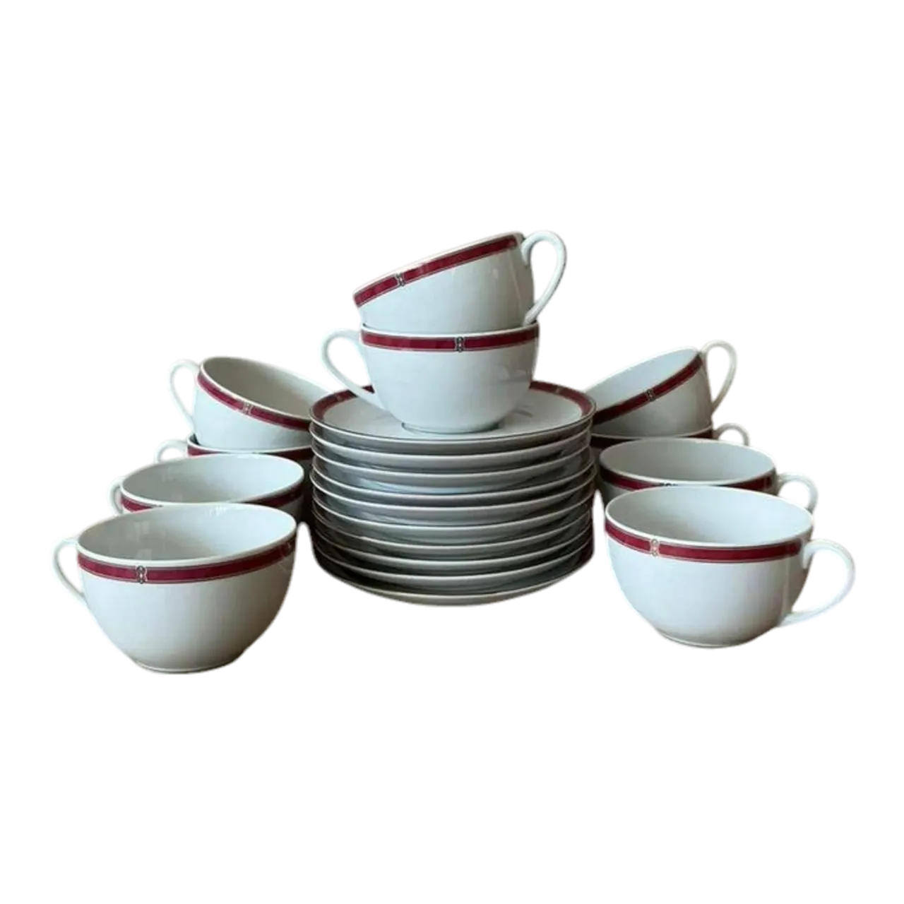 Vintage Boho Christofle "Oceana Red" Tea Cups With Saucers - Set of 11