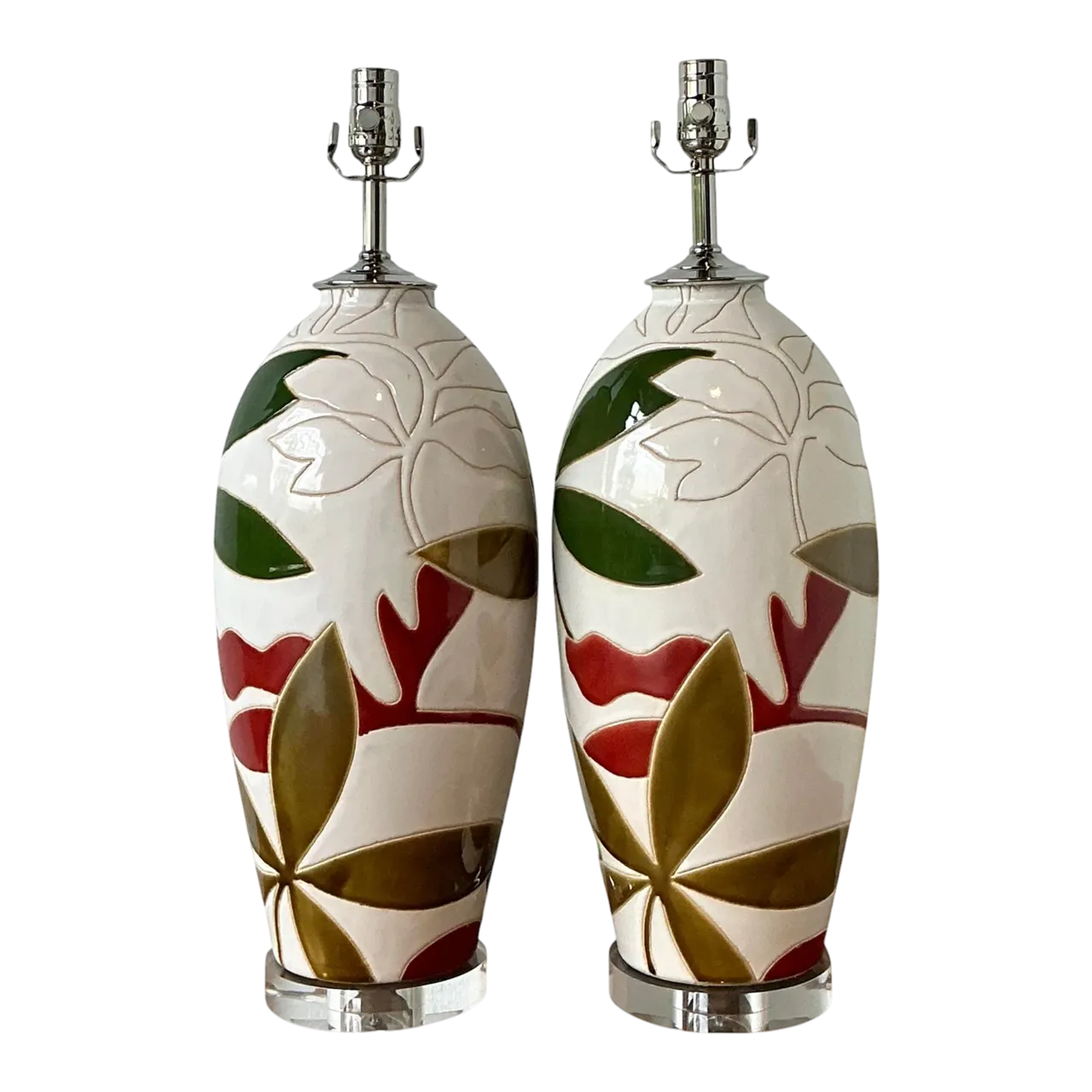 Vintage Boho Etched Glazed Ceramic Lamps - A Pair