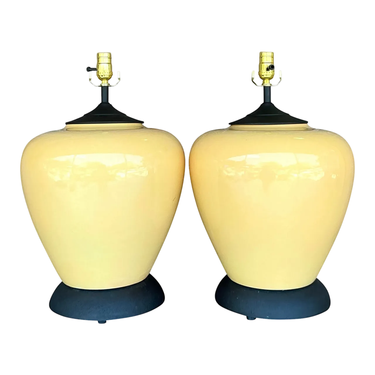 Vintage Boho Glazed Ceramic Lamps - A Pair - Brass, 13W x 21H