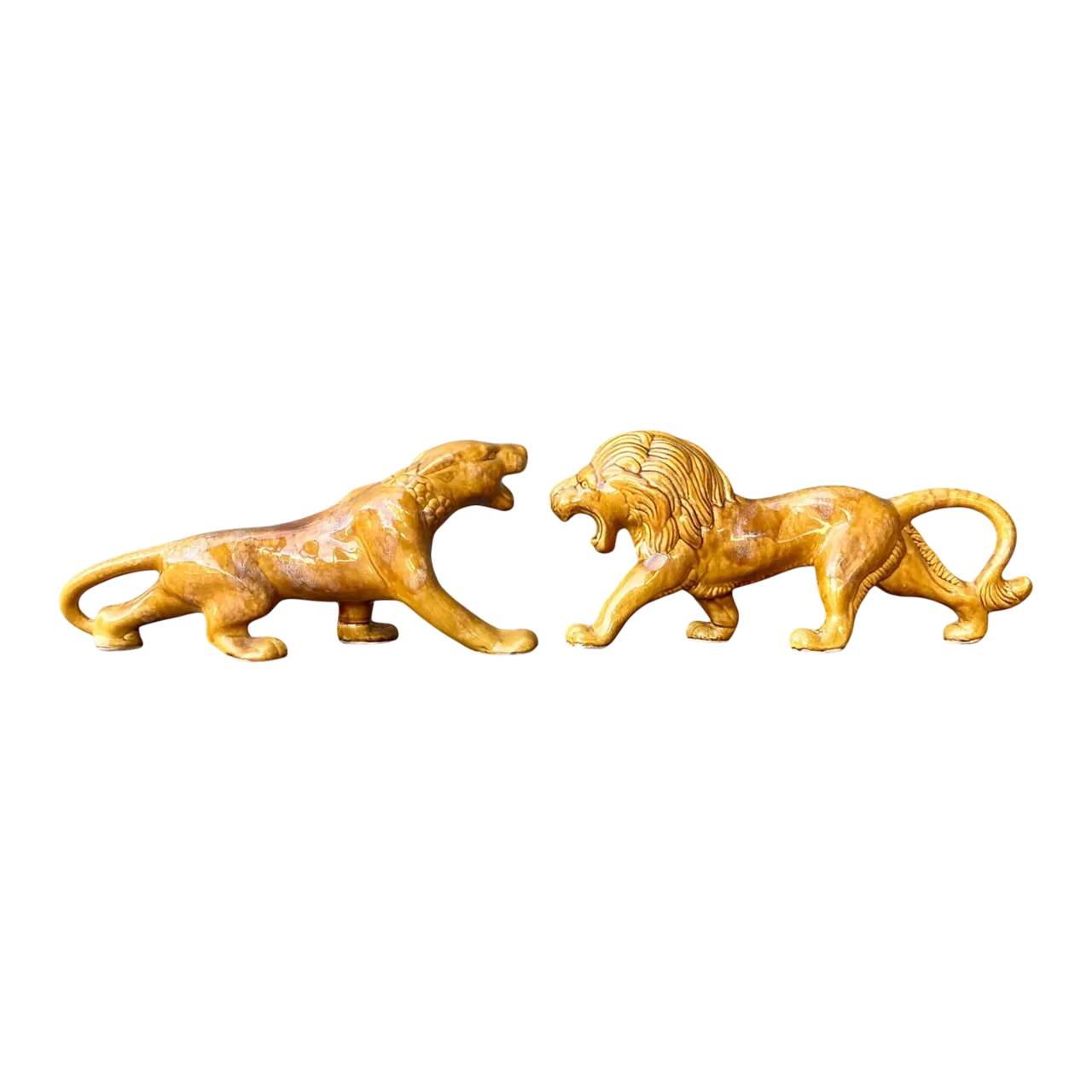 Vintage Boho Glazed Ceramic Lions - Set of 2