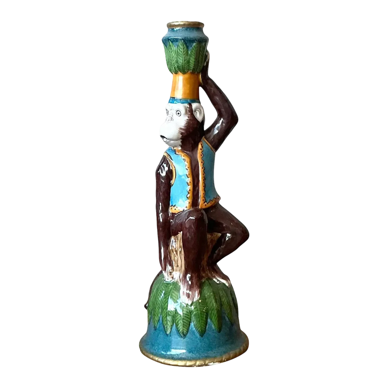 Vintage Boho Glazed Ceramic Monkey Candlestick