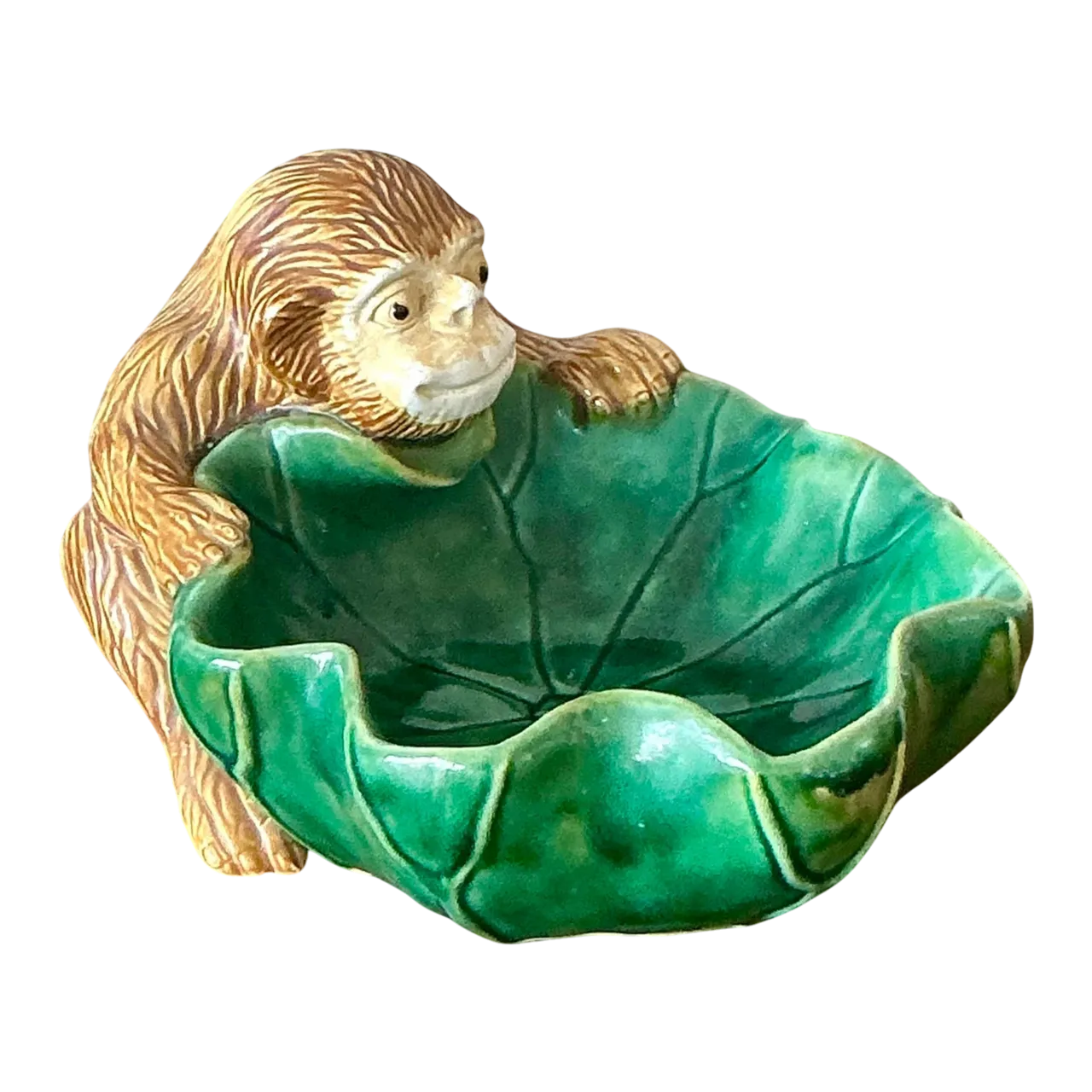 Vintage Boho Glazed Ceramic Monkey Centerpiece Bowl