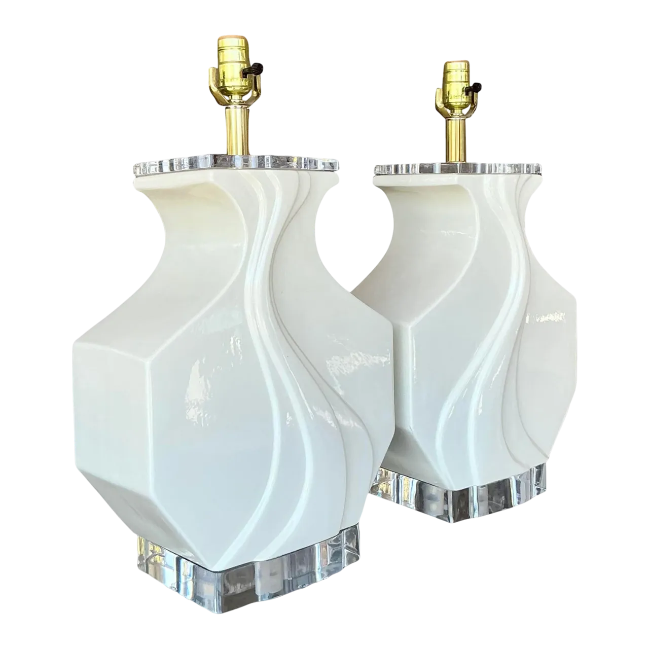 Vintage Boho Glazed Ceramic Wave Lamps - A Pair