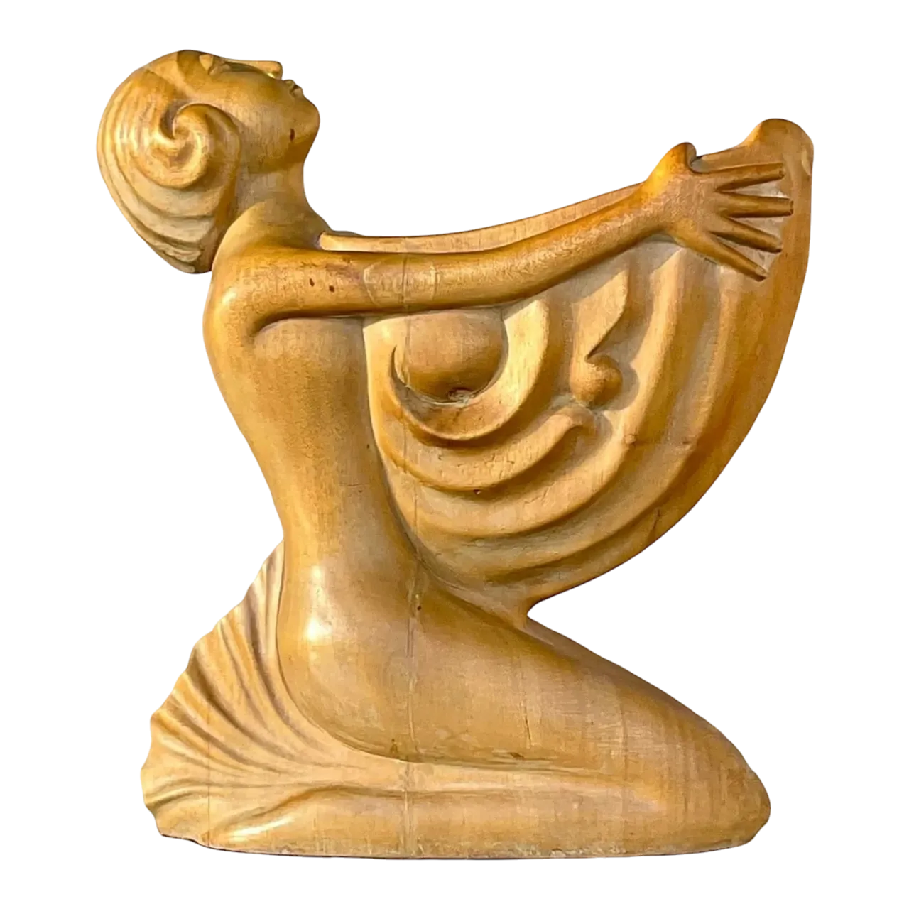 Vintage Boho Hand Carved Wooden Lady With Nautilus