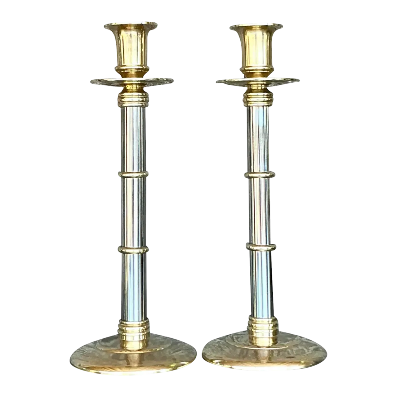 Vintage Boho Maitland-Smith Brass and Chrome Candlesticks- Set of 2