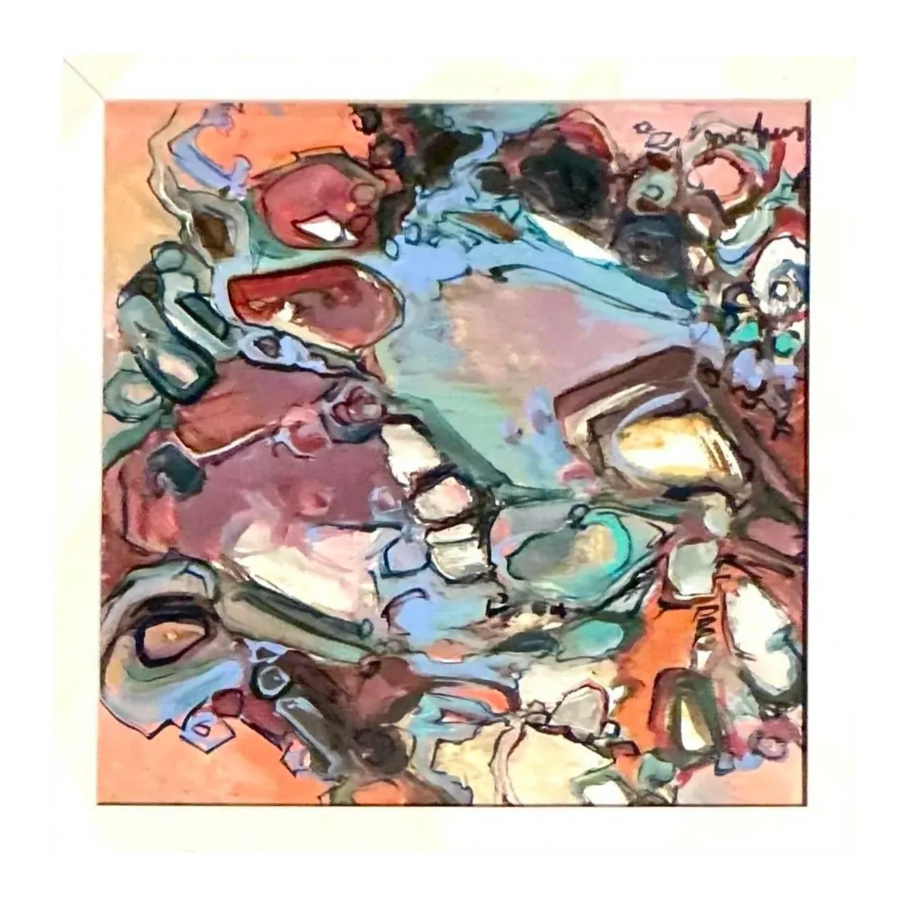 Vintage Boho Original Abstract Oil on Canvas - Wood, 13.25W x 13.25H