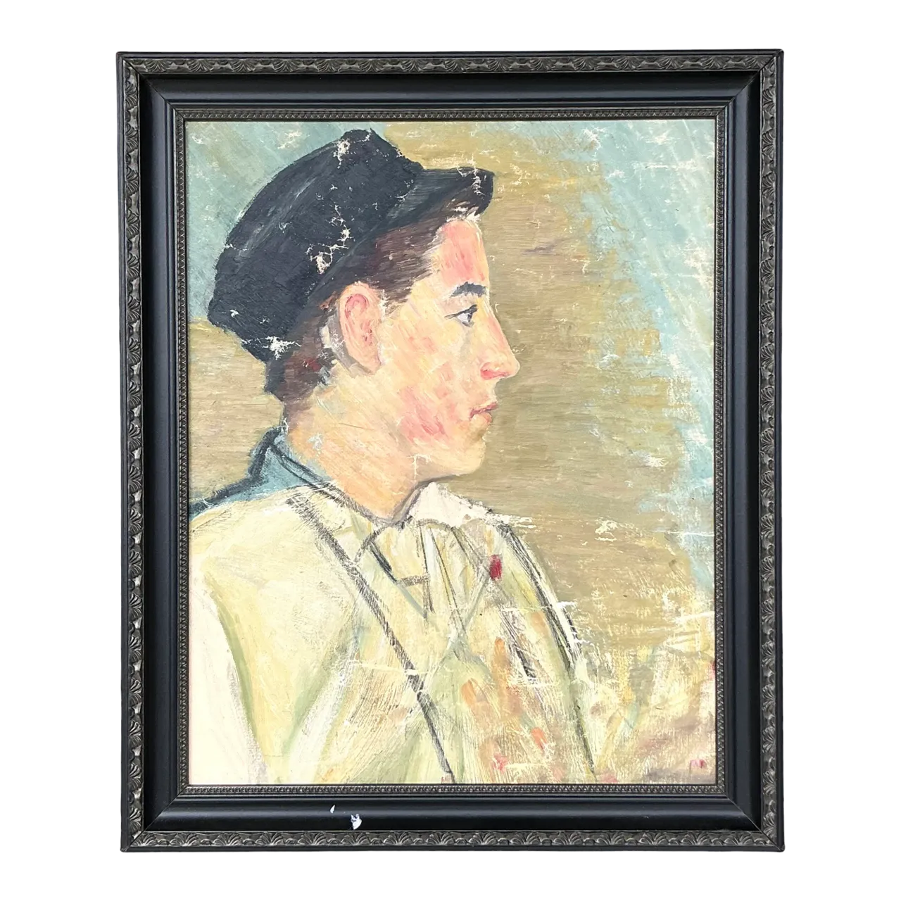 Vintage Boho Original Oil Portrait of Man - Wood, 19.5W x 23.5H