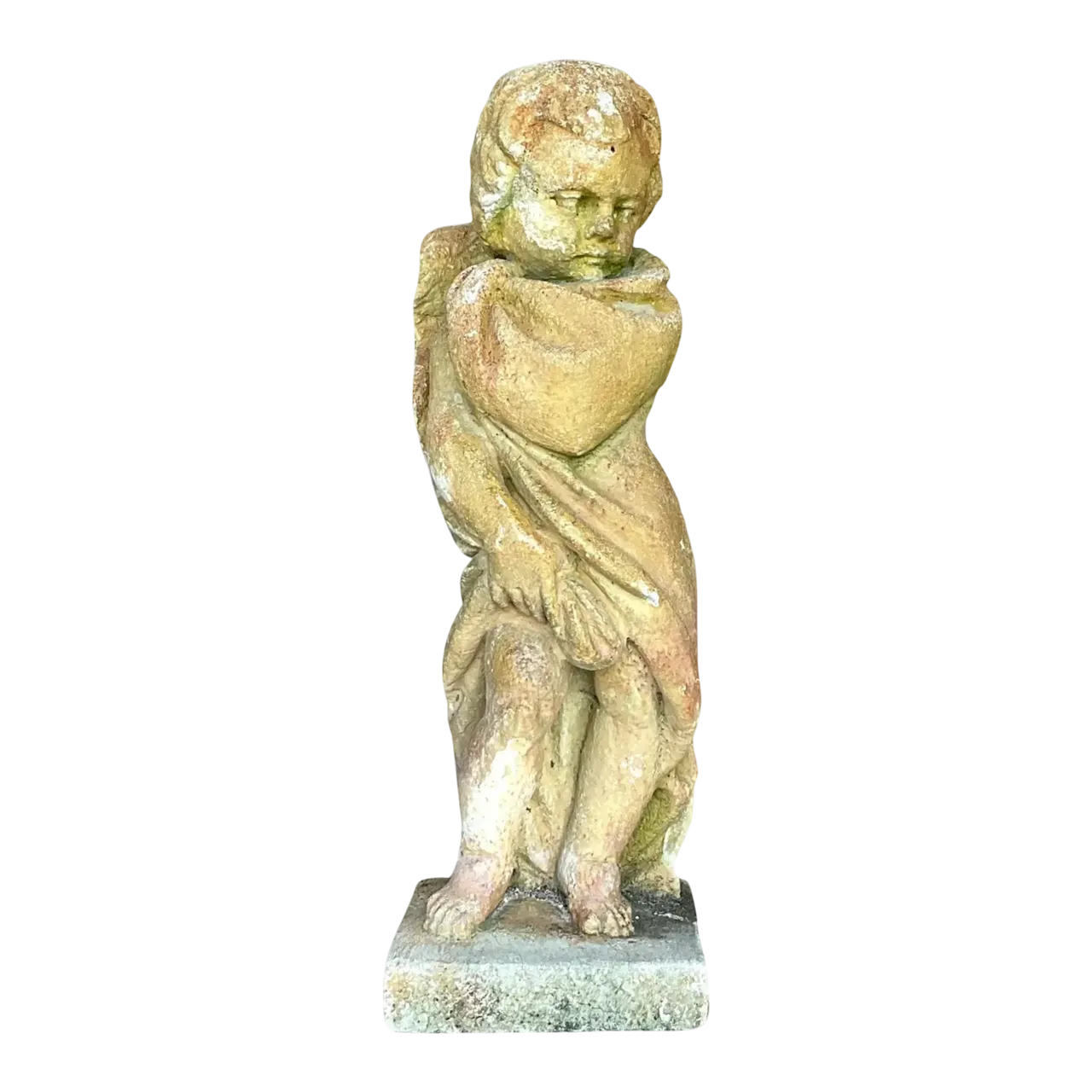 Vintage Boho Patinated Cast Concrete Putti Angel Statue
