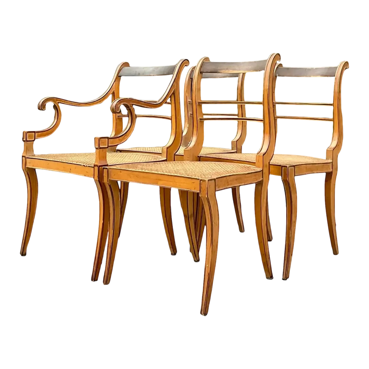 Vintage Boho Scroll Back Cane Dining Chairs - Set of Four