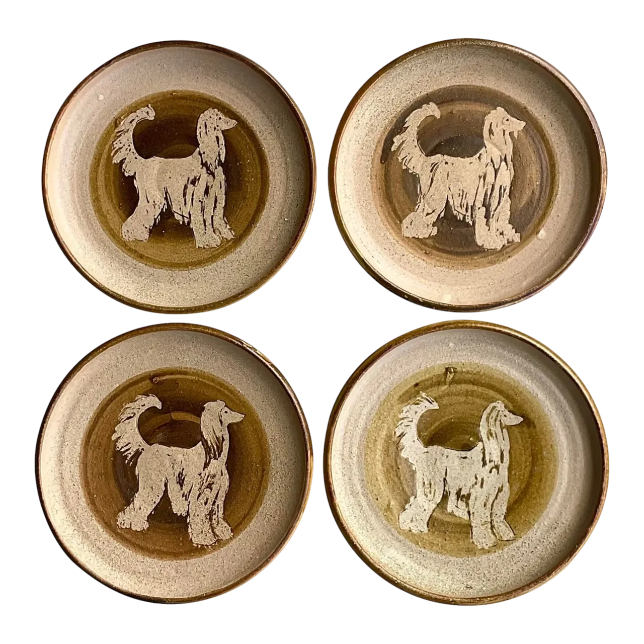Vintage Boho Signed Studio Pottery Plates With Afghan Dogs - Set of 4