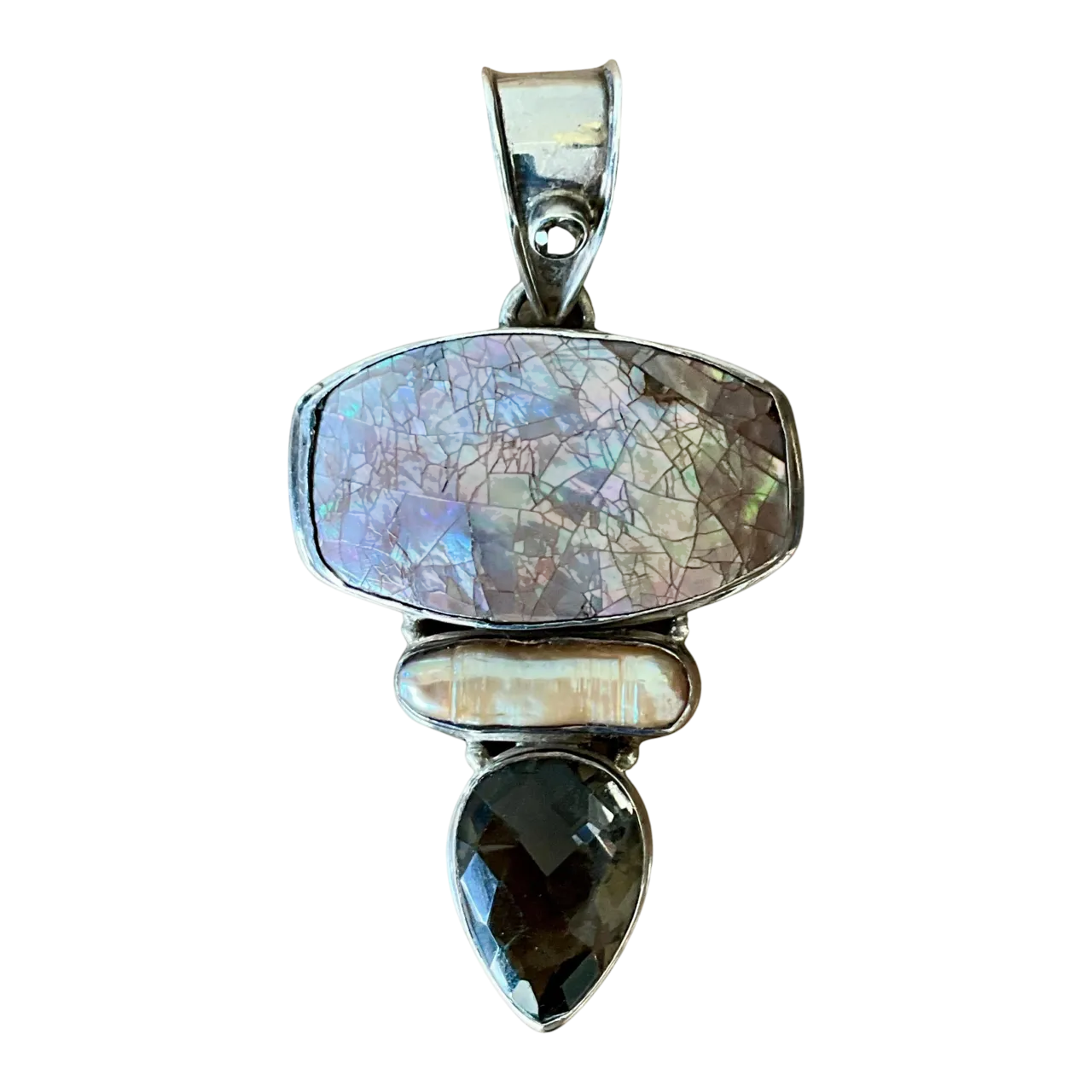 Vintage Boho Smokey Quartz & Mother of Pearl Pendant