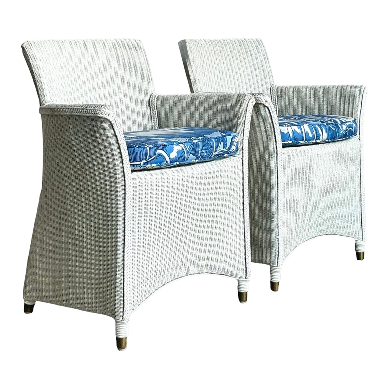 Vintage Boho Woven Rattan Lounge Chairs in Meg Braff Floral- A Pair