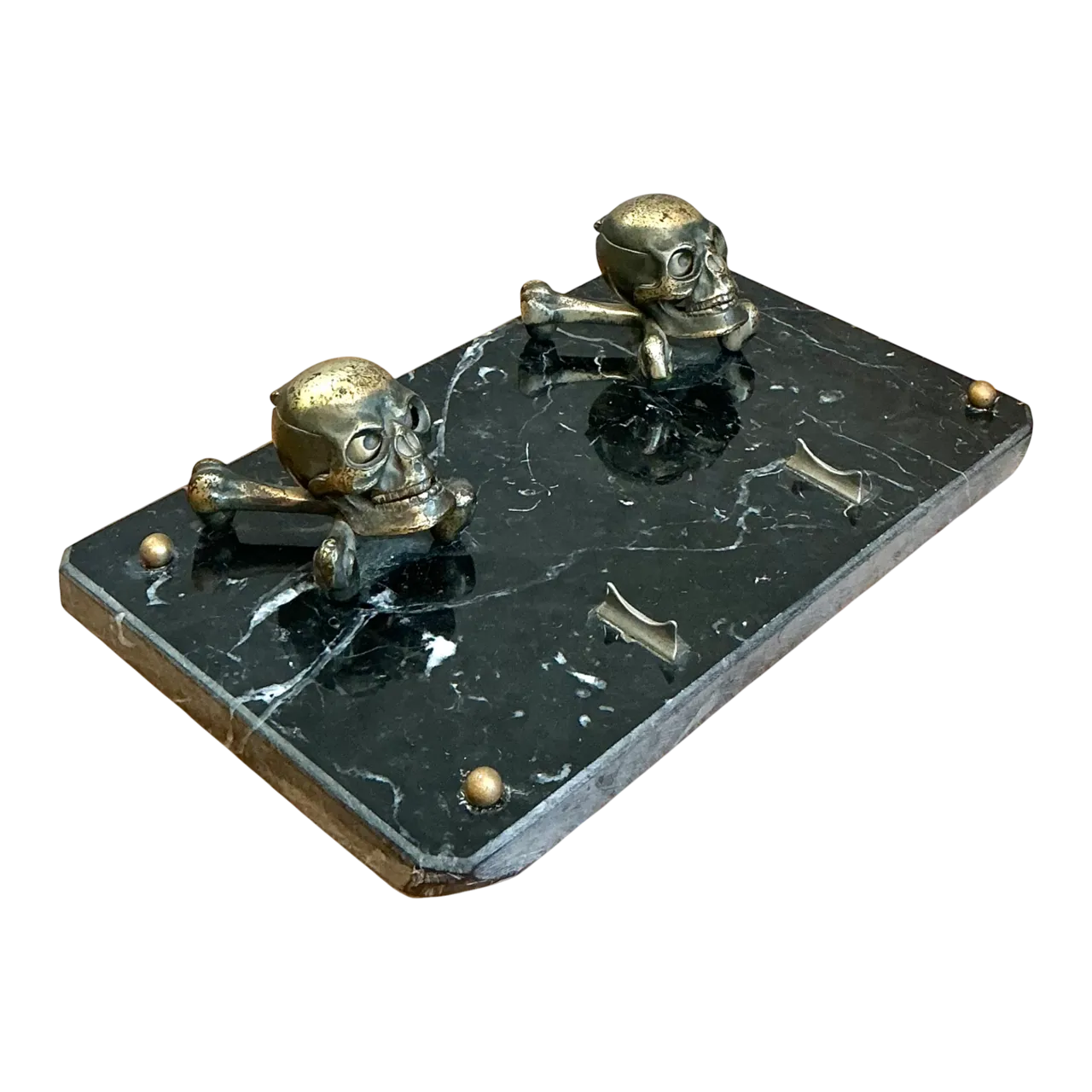 Vintage Brass Skull and Crossbones Inkwell