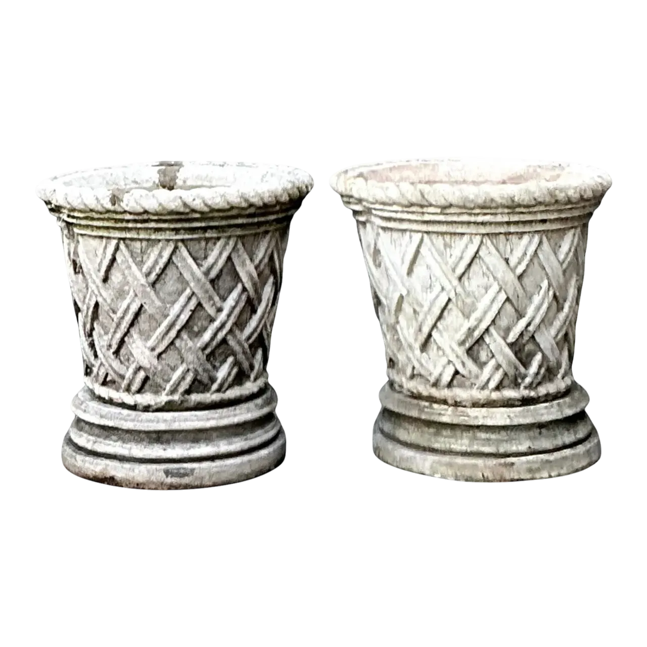 Vintage Cast Concrete Trellis Planters on Pedestals - A Pair