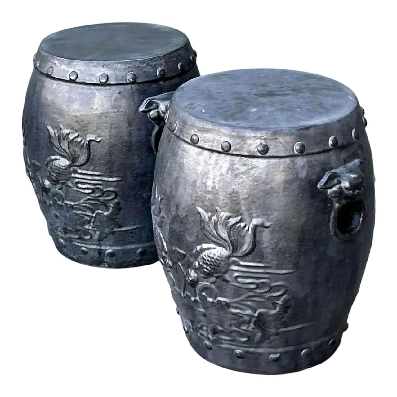 Vintage Chinese Ceramic Garden Stools with Goldfish Relief Design - A Pair