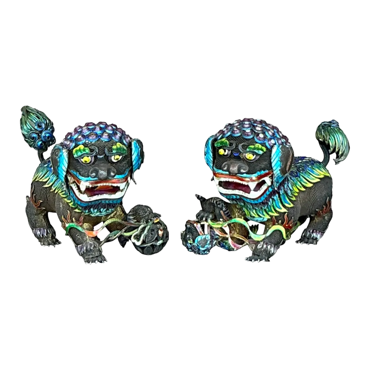 Vintage Chinese Silver 925 Enameled Foo Dogs - Set of 2