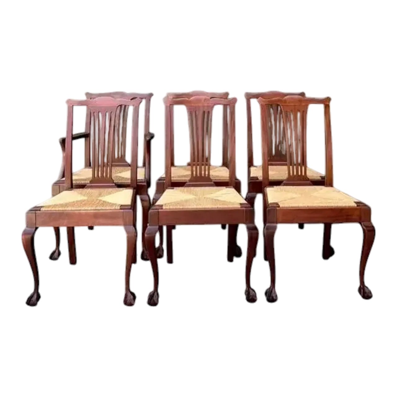 Vintage Chippendale Rush Seat Dining Chairs - Set of 6